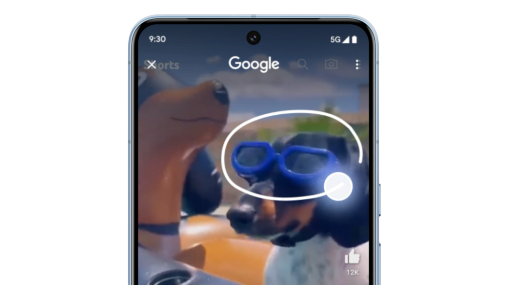 Tela de Galaxy S24 com imagem de um cachorro de óculos de natação. Há um círculo nos óculos